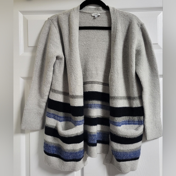Olivia Warren NY-Striped, Gray, Open Front Cardigan,Wool Blend Sweater - Size L - Picture 1 of 4